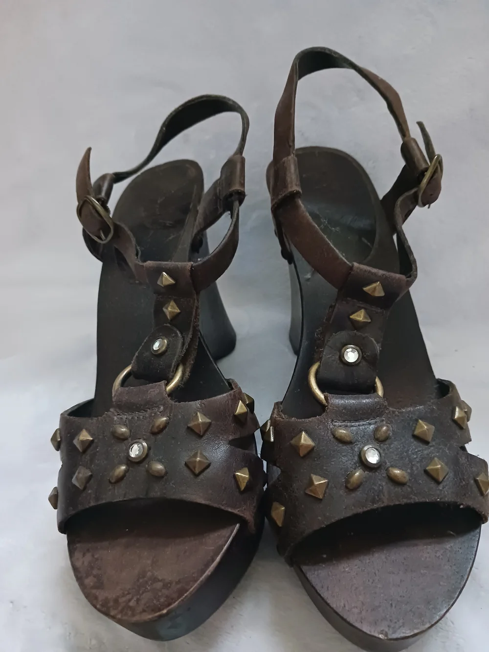 MIA Brown Studded Leather Wedge Sandals
